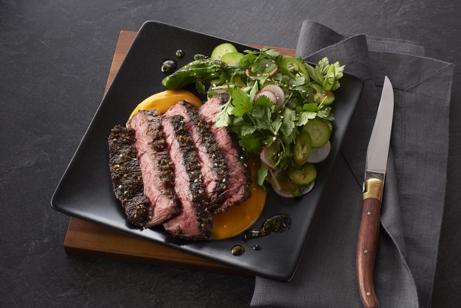 togarashi rubbed skirt steak with carrot puree